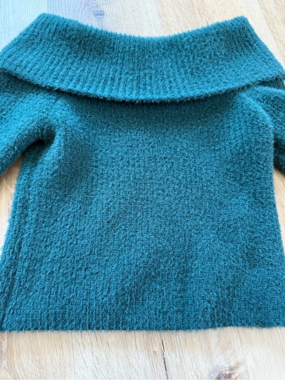 Tillys West of Melrose Off-Shoulder Fuzzy Knit Long-sleeve Sweater in Dark Green